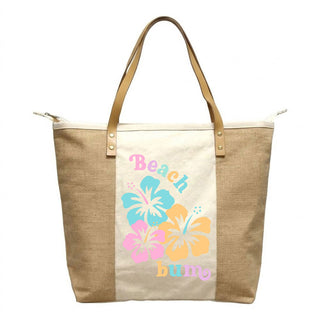 Beach Bum Hibiscus Canvas & Jute Zippered Carryall Tote Bag #P893JUTE-BBUM