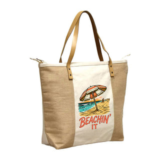 Beachin It Orange Umbrella Canvas & Jute Zippered Carryall Tote Bag #P893JUTE-BEACHINORG