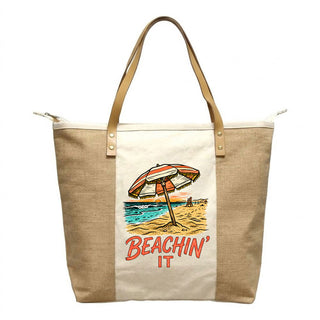 Beachin It Orange Umbrella Canvas & Jute Zippered Carryall Tote Bag #P893JUTE-BEACHINORG