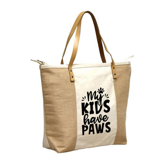 My Kids Have Paws Canvas & Jute Zippered Carryall Tote Bag #P893JUTE-MKHPAWS