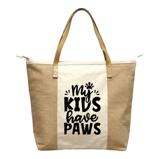 My Kids Have Paws Canvas & Jute Zippered Carryall Tote Bag #P893JUTE-MKHPAWS