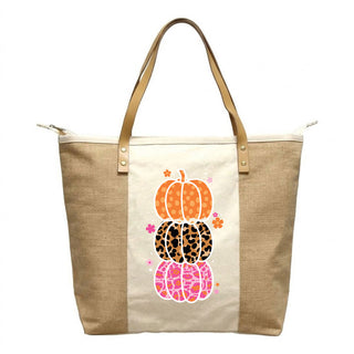 Triple Pumpkin Stack Canvas & Jute Zippered Carryall Tote Bag #P893JUTE-PUM23