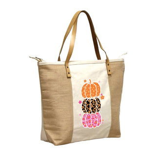 Triple Pumpkin Stack Canvas & Jute Zippered Carryall Tote Bag #P893JUTE-PUM23