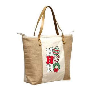 Red Ho Ho Ho Christmas Canvas & Jute Zippered Carryall Tote Bag #P893JUTE-RDHO