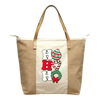 Red Ho Ho Ho Christmas Canvas & Jute Zippered Carryall Tote Bag #P893JUTE-RDHO