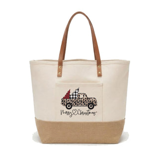 Leopard Christmas Truck Canvas & Jute Carryall Tote Bag #P915JUTE-LPRDTRUCK
