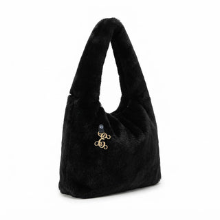 Black Faux Fur Bindle Purse Shoulder Bag with Gold Acrylic Vine Initial #PFUR7005BLK-ACG