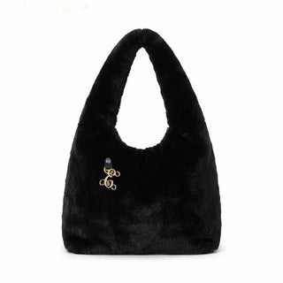 Black Faux Fur Bindle Purse Shoulder Bag with Gold Acrylic Vine Initial #PFUR7005BLK-ACG