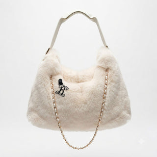 White Faux Fur Chain Purse Shoulder Bag with Black Acrylic Vine Initial #PFUR7003CWHT-ACK