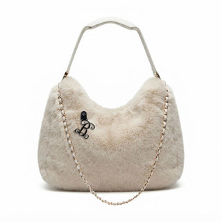 White Faux Fur Chain Purse Shoulder Bag with Black Acrylic Vine Initial #PFUR7003CWHT-ACK