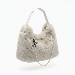 White Faux Fur Chain Purse Shoulder Bag with Black Acrylic Vine Initial #PFUR7003CWHT-ACK