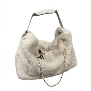 White Faux Fur Chain Purse Shoulder Bag with Black Acrylic Vine Initial #PFUR7003CWHT-ACK
