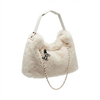 White Faux Fur Chain Purse Shoulder Bag with Black Acrylic Vine Initial #PFUR7003CWHT-ACK