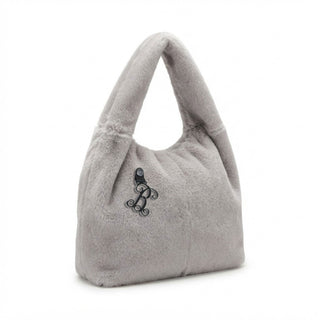 Gray Faux Fur Bindle Purse Shoulder Bag with Black Acrylic Vine Initial #PFUR7005GRY-ACK