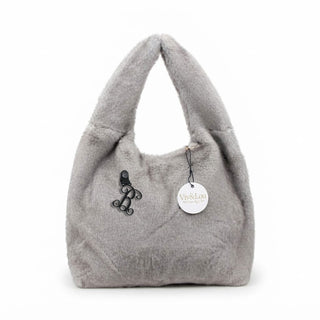 Gray Faux Fur Bindle Purse Shoulder Bag with Black Acrylic Vine Initial #PFUR7005GRY-ACK