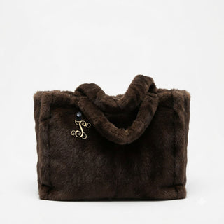Huge Brown Faux Fur Purse Shoulder Bag with Gold Acrylic Vine Initial #PFUR7006BRN-ACG