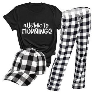 3 pc Set - Black Allergic to Mornings PJ's, Hat and T-Shirt for Women #SET-BLKCHK-MORN-190TS2030