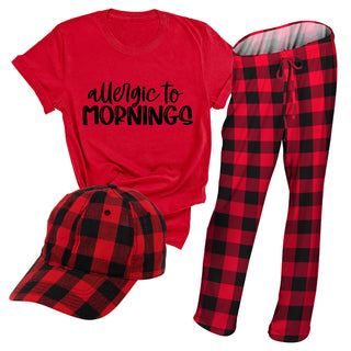 3 pc Set - Red Allergic to Mornings PJ's, Hat and T-Shirt for Women #SET-REDCHK-MORN-190TS2030