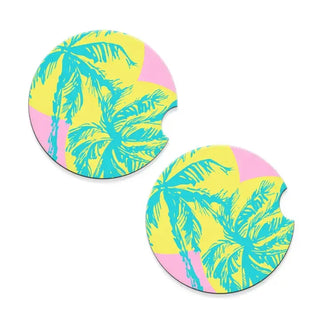 Palm Tree Island Car Coasters 2 Pce Set Coastal Auto Cup Holder Accessory Gift #SPACK-CC132-ISLAND