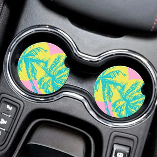 Palm Tree Island Car Coasters 2 Pce Set Coastal Auto Cup Holder Accessory Gift #SPACK-CC132-ISLAND