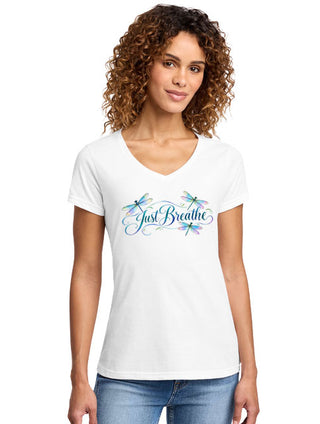 Women's Just Breathe Dragonfly Graphic V-Neck T-Shirt White #TSV455-JUSTBRE