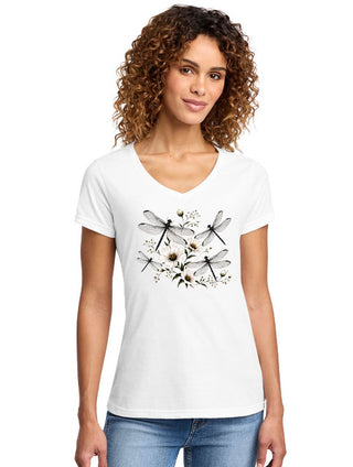 Women's Daisy's and Dragonflies Graphic V-Neck T-Shirt White #TSV455WHT-DRFLY4
