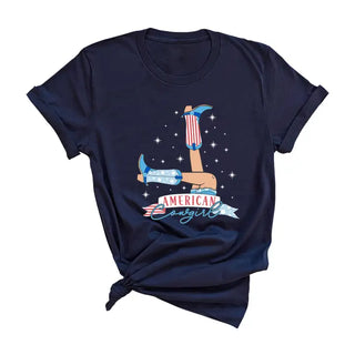 American Cowgirl T Shirt Patriotic Western Graphic Rodeo Tee #HPTS-ACG24 - Navy / Large - Screen Printed T-Shirt