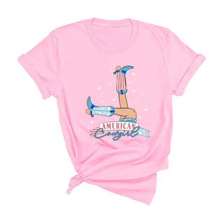 American Cowgirl T Shirt Patriotic Western Graphic Rodeo Tee #HPTS-ACG24 - Light Pink / Large - Screen Printed T-Shirt