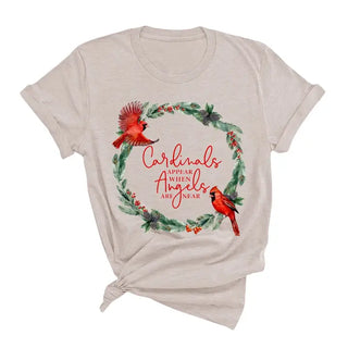 Angels Are Near Cardinal T Shirt Memorial Comfort Graphic Tee #HPTS-ANG23 - Heather Natural / Small - Screen Printed
