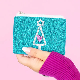 Aqua Christmas Tree Beaded Coin Purse Holiday Change Wallet #MNA0193VL-CT - Coin Purse - Women’s
