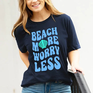 Beach More T Shirt Coastal Summer Graphic Tee Vacation Beach Shirt #HPTS-NAVY-BMORE - Screen Printed T-Shirt - Women’s