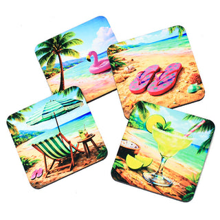 Beach Vacation Cork Back Square Coaster 4 Pce Set Tropical Coastal Decor Gift #SHSC5677-TROPICAL - Coasters