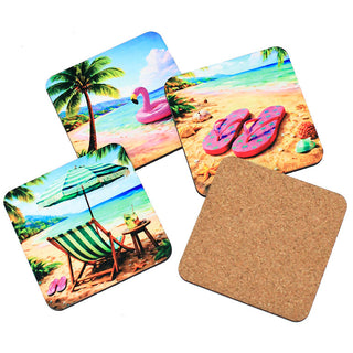 Beach Vacation Cork Back Square Coaster 4 Pce Set Tropical Coastal Decor Gift #SHSC5677-TROPICAL - Coasters