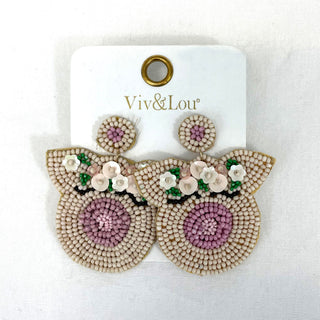 Beaded Pig Earrings Oink Oink Thanksgiving Farm Animal Jewelry #VLJ5088-PIG - Dangle Earrings