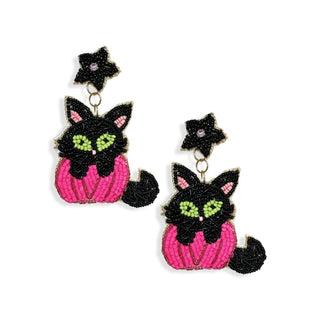 Black Cat Beaded Earrings Cute Cat Mom Halloween Statement Jewelry #VLJE6583-CAT - Dangle Earrings