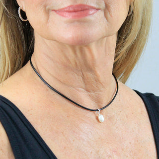 Black Leatherette Choker Necklace with Pearl Charm #ACN2671BLK-PEARL - Pendant/Charm Necklace