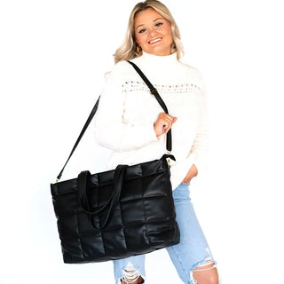 Black Parker Puffy Tote Quilted Shoulder Bag Everyday Travel Purse #M706VL-BLK - Tote Bag - Women’s