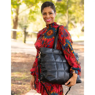 Black Parker Puffy Tote Quilted Shoulder Bag Everyday Travel Purse #M706VL-BLK - Tote Bag - Women’s