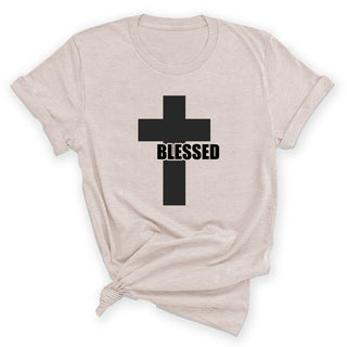 Blessed Cross Christian Shirt Faith Graphic Tee Inspirational Gift #HPTS43-BLESSED - Small / Heather Natural - Screen