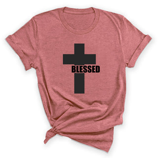 Blessed Cross Christian Shirt Faith Graphic Tee Inspirational Gift #HPTS43-BLESSED - Small / Heather Mauve - Screen