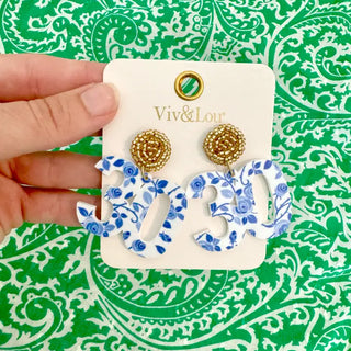 Blue Floral 30 Earrings #ACE-490GD-30-BLUFLR - Dangle Earrings