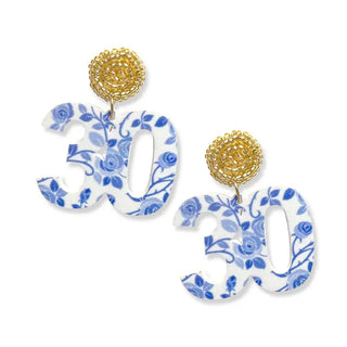 Blue Floral 30 Earrings #ACE-490GD-30-BLUFLR - Gold Bead - Dangle Earrings