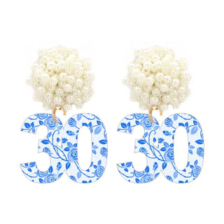 Blue Floral 30 Earrings #ACE-490GD-30-BLUFLR - Pearl - Dangle Earrings
