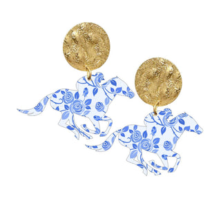 Blue Floral Acrylic Derby Earrings #ACE-490GD-DERBY-BLUFLR - Dangle Earrings