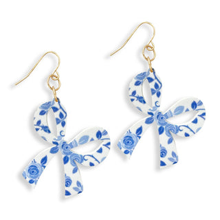 Blue Floral Bow Earrings #ACE-300GD-BOW-BLUFLR - Dangle Earrings