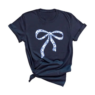 Blue Floral Bow T Shirt Coquette Cottagecore Graphic Unisex Tee #HPTS-NAVY-BLUFLRBOW - Screen Printed T-Shirt - Women’s
