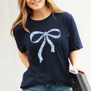 Blue Floral Bow T Shirt Coquette Cottagecore Graphic Unisex Tee #HPTS-NAVY-BLUFLRBOW - Screen Printed T-Shirt - Women’s