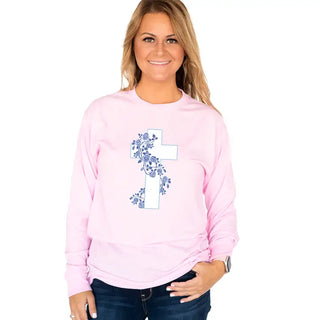 Blue Floral Cross Long Sleeve Shirt Faith Inspired Christian Tee #HPLS-LTPK-CRS24 - Screen Printed T-Shirt - Women’s