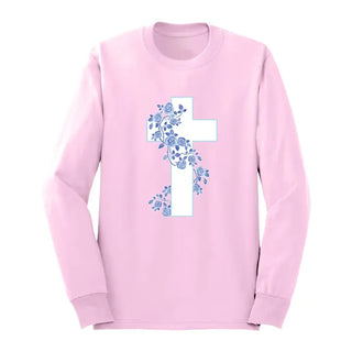 Blue Floral Cross Long Sleeve Shirt Faith Inspired Christian Tee #HPLS-LTPK-CRS24 - Small - Screen Printed T-Shirt