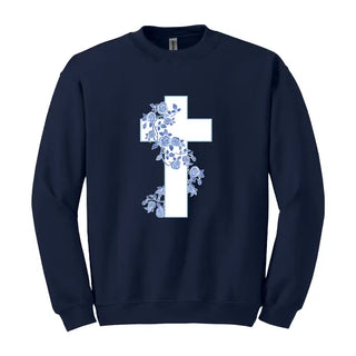 Blue Floral Cross Sweatshirt Faith Christian Cozy Pullover #HPSW-NAVY-CRS24 - Small - Graphic Sweatshirt - Women’s